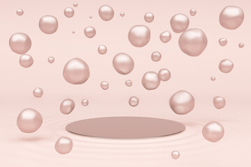 product commercial display advertisement stand podium pearl pink and rose gold girl concept style female feminine women luxury glow float cosmetics skin skincare liquid serum beauty. 3D Illustration.