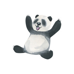 Watercolor illustration panda bear cheerful sitting rejoicing. Cartoon characters for children's and fairy-tale decorations. Cute animals for illustration design