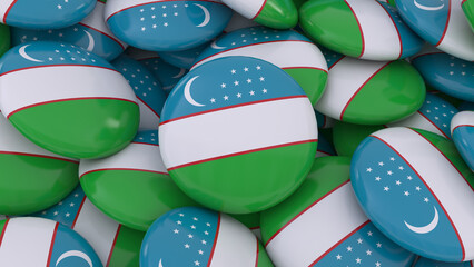 3d rendering of a lot of badges with the Uzbek flag in a close up view