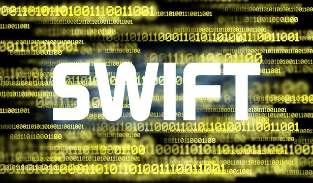 Word swift and abstract cyberspace with binary code on dark background . SWIFT programing language

