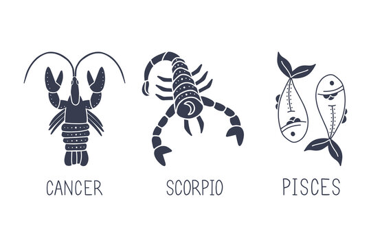 Vector set of water zodiac signs. Symbols 3 signs with inscriptions. Cancer, Scorpio and Pisces. Vector images of zodiac signs for astrology and horoscopes.