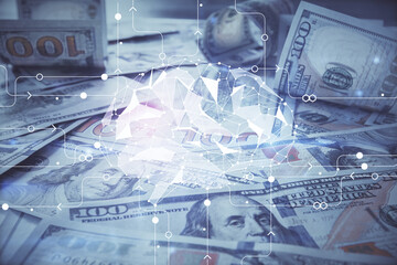Double exposure of brain drawing over us dollars bill background. Technology concept.