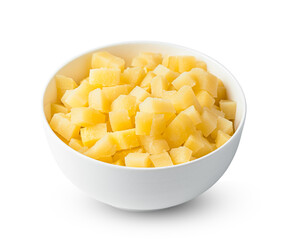 Boiled potatoes, diced in a bowl isolated on a white background.