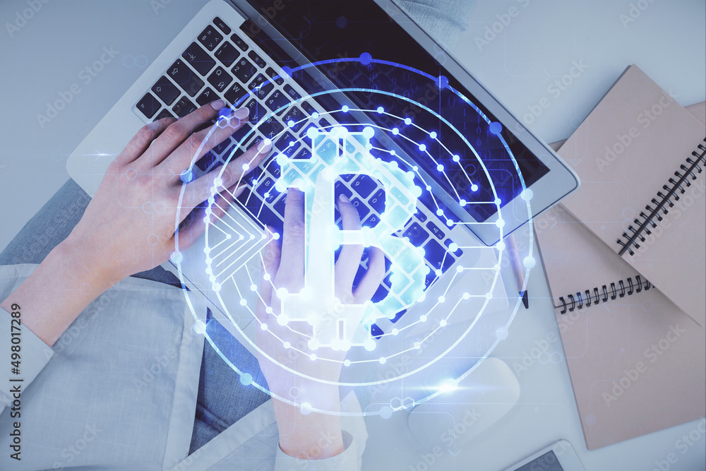 Poster Double exposure of woman hands working on computer and blockchain theme hologram drawing. Top View. bitcoin cryptocurrency concept.