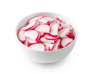 Radish cut into thin slices in a bowl is isolated on a white background.