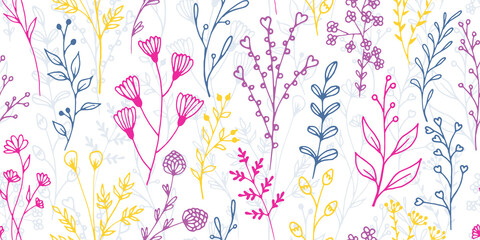Field flower sprigs organic vector seamless pattern. Elegant floral textile print. Grass plants leaves and bloom wallpaper. Field flower branches doodle endless swatch