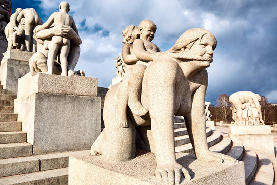 Oslo, Norway - March 30, 2022: Statues of nude people in Vigeland Park (Frogner Park)