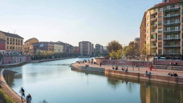 Time lapse of Darsena Naviglio Grande at the evening, Milan, Italy.
