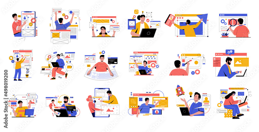 Poster Application development. Cartoon concept with people working on website or software. PC programs developers and designers. Men or women programming apps. Vector isolated programmers set