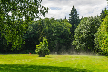 Wasserdampf steigt auf nach einem Regenschauer über dem Golfplatz