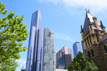 Fototapeta na wymiar Melbourne city view with traditional and modern buildings background .