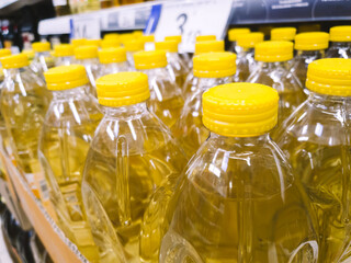 Bottles of sunflower oil in supermarkets