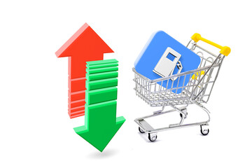 Shopping cart with fuel icon and arrows on white background representing rising and falling fuel...