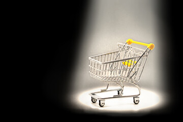 Small empty shopping cart with a ray of light on a black background. Selective focus.