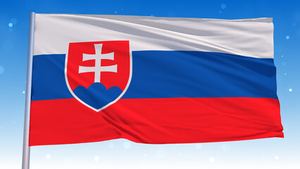 Fototapeta premium Waving National Flag Of Slovakia In The Wind With Pole On Cloudy Fog Glitter Air particles Flying Blue Sky 3D Rendering