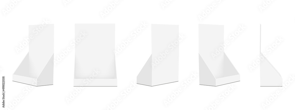 Poster set of cardboard display boxes mockups with front, side, back view, isolated on white background. ve