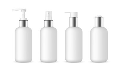 Blank Cosmetic Packaging Bottles Mockup with Metal Cap: Spray, Pump, Shampoo. Vector Illustration