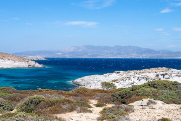 Fototapeta na wymiar View over the sea and bay of Playa Punta. Antiparos Island, Cyclades of Greece.