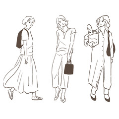 イラスト　ベクター　女性　ファッション　線画