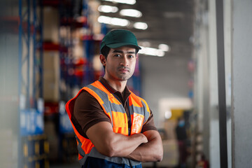 Smart engineer man worker wearing safety helmet posing with arms crossed and looking at camera shelves in warehouse background. Factory physical inventory count. Warehouse import Ecport export concept