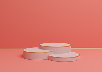 Bright, neon, salmon pink 3D rendering simple product display with three podiums or stand with golden line minimal background composition for luxurious products