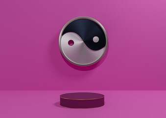 Bright magenta neon pink 3D rendering product display background simple minimal with metallic Yin and yang symbol podium or stand with golden line backdrop nature cosmetic luxury product photography