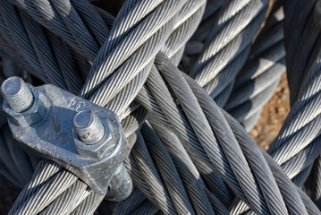 Close-up of strong and thick 
steel cable wire metal rope