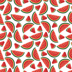 Seamless pattern with watermelon berries and ripe juicy slices. Vector