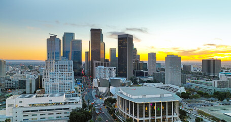 City of Los Angeles, panoramic cityscape skyline scenic, aerial view at sunset. Downtown cityscape of Lod Angeles. - obrazy, fototapety, plakaty