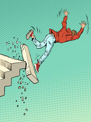 a man falls down the stairs, the last step into the abyss. The symbol of failure