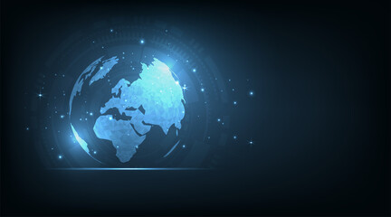Polygonal 3d globe with network connections on technology dark blue background.Global network connection new style design.