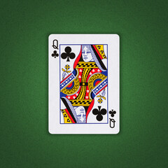 Queen of Clubs on a green poker background. Gamble. Playing cards.