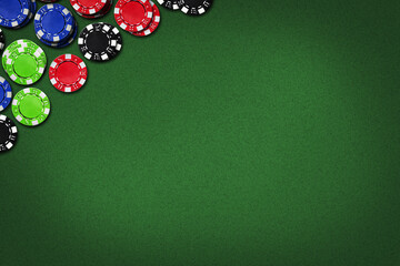 Poker chips on the green table. Top View.Copy space. Gambling concept.
