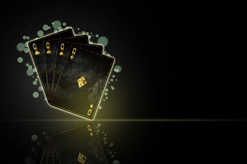 Four Queen, grunge cards in black background. Reflection. Copy Space. Poker background.Playing cards.