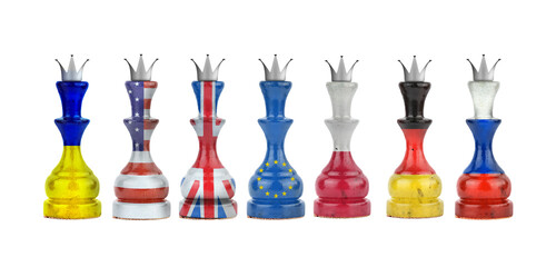 Chess queens in the colors of the flag of different countries. Isolated on a white background. Sport. Politics. Business.