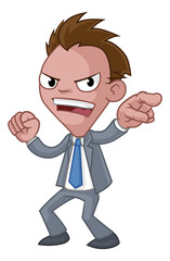 Cartoon Business Man In Suit Pointing Mascot