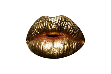 Naklejka premium Gold lips, golden on sexy metallic mouth. Isolated white background. Lips icon. Lipstick kiss.