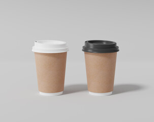 Kraft paper coffee cup mockup with lid, Realistic round package, 3d rendering, 3d illustration
