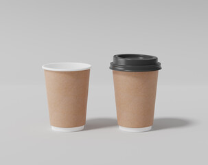 Kraft paper coffee cup mockup with lid, Realistic round package, 3d rendering, 3d illustration