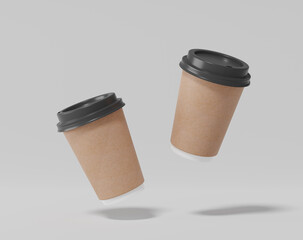Kraft paper coffee cup mockup with lid, Realistic round package, 3d rendering, 3d illustration