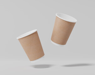 Kraft paper coffee cup mockup with lid, Realistic round package, 3d rendering, 3d illustration