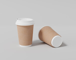 Kraft paper coffee cup mockup with lid, Realistic round package, 3d rendering, 3d illustration