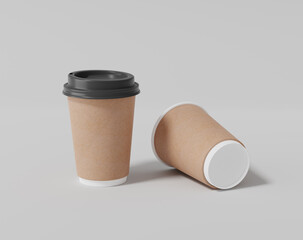 Kraft paper coffee cup mockup with lid, Realistic round package, 3d rendering, 3d illustration