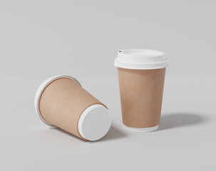 Kraft paper coffee cup mockup with lid, Realistic round package, 3d rendering, 3d illustration