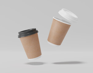 Kraft paper coffee cup mockup with lid, Realistic round package, 3d rendering, 3d illustration