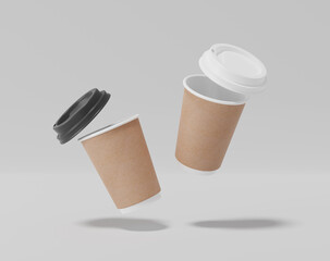 Kraft paper coffee cup mockup with lid, Realistic round package, 3d rendering, 3d illustration