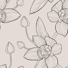 Vector seamless pattern with several large opened orchids and small closed buds on the same branch. Vintage contour illustration on a light beige background. Detailed plant composition. Quick sketch.