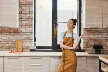 beautiful woman kitchen apartment kitchen utensils interior home life