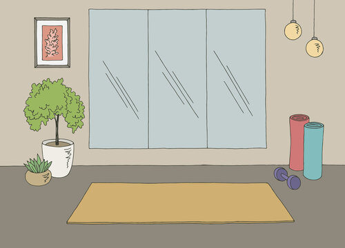 Yoga gym interior graphic color sketch illustration vector