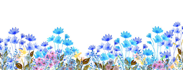 Banner decorativo con fiori colorati primaverili isolati su sfondo bianco © sommaria